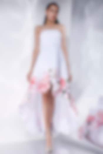 White Neoprene Floral Printed High-Low Vacation Dress by OZEQO at Pernia's Pop Up Shop