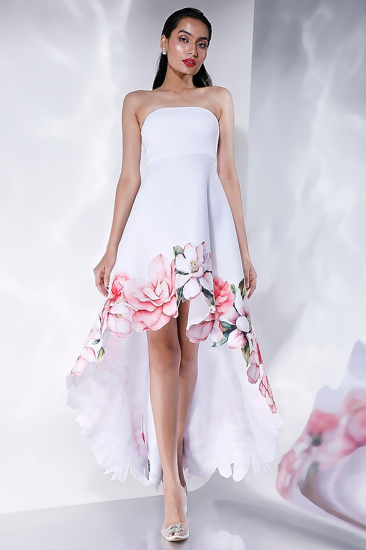 White Neoprene Floral Printed High-Low Vacation Dress by OZEQO at Pernia's Pop Up Shop