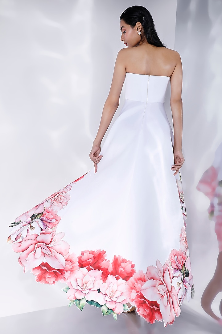 White Neoprene Floral Printed High-Low Vacation Dress by OZEQO at Pernia's Pop Up Shop