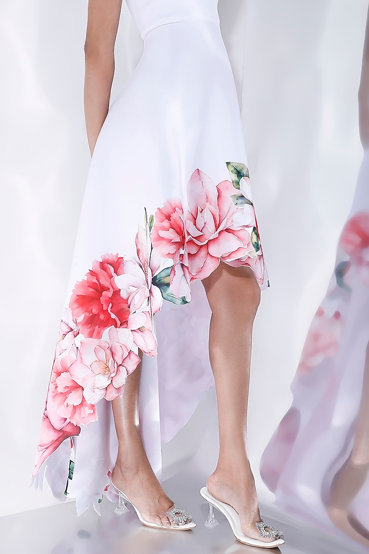 White Neoprene Floral Printed High-Low Vacation Dress by OZEQO at Pernia's Pop Up Shop