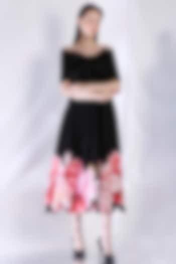 Black Neoprene Floral Printed Vacation Dress With Wrap by OZEQO at Pernia's Pop Up Shop