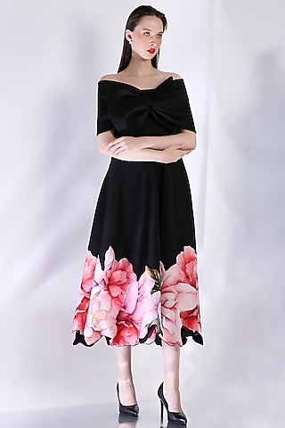Black Neoprene Floral Printed Dress With Wrap by OZEQO