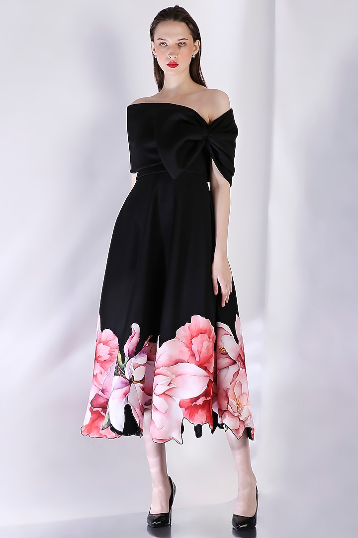 Black Neoprene Floral Printed Vacation Dress With Wrap by OZEQO at Pernia's Pop Up Shop