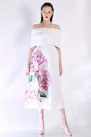 White Neoprene Floral Embroidered Dress With Wrap by OZEQO