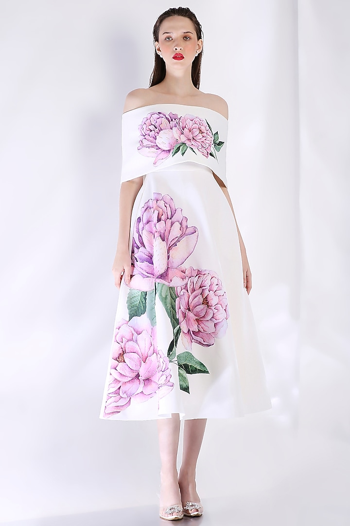 White Neoprene Floral Embroidered Cocktail Dress With Wrap by OZEQO at Pernia's Pop Up Shop