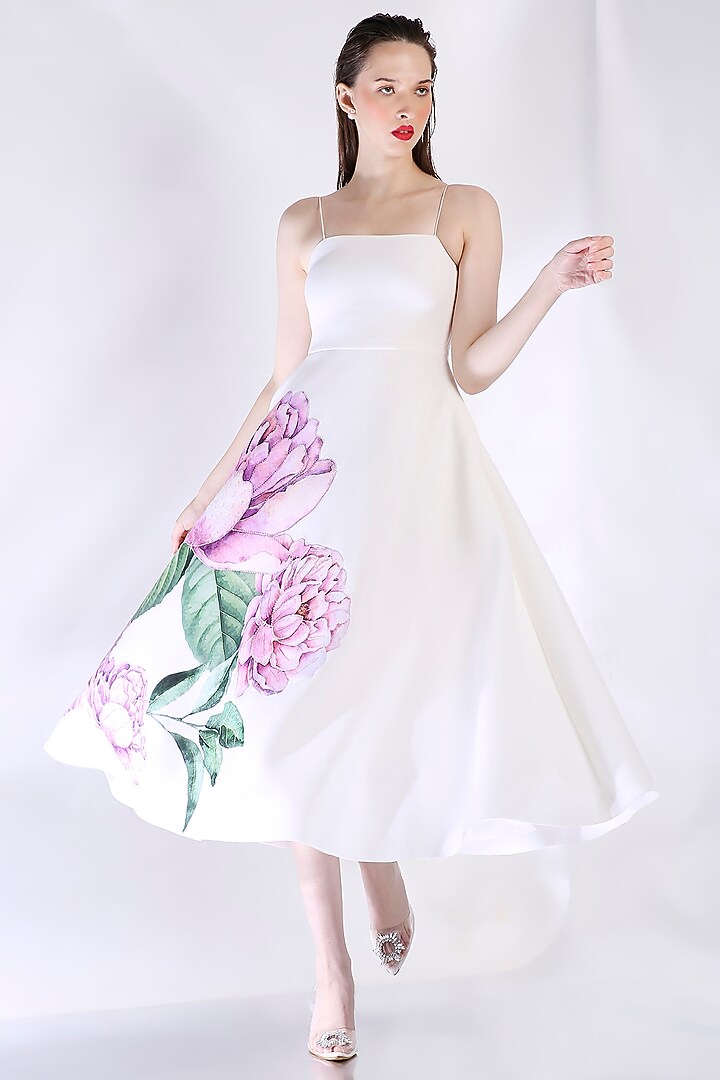 White Neoprene Floral Embroidered Cocktail Dress With Wrap by OZEQO at Pernia's Pop Up Shop