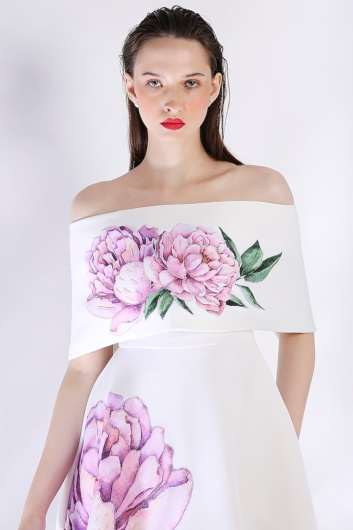 White Neoprene Floral Embroidered Cocktail Dress With Wrap by OZEQO at Pernia's Pop Up Shop