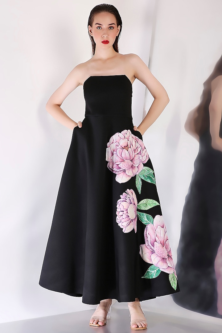 Black Neoprene Floral Embroidered Vacation Dress by OZEQO at Pernia's Pop Up Shop