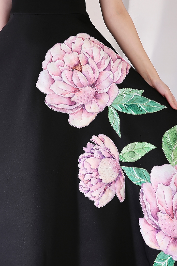 Black Neoprene Floral Embroidered Vacation Dress by OZEQO at Pernia's Pop Up Shop