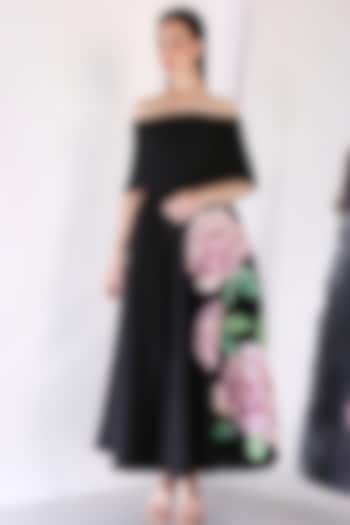 Black Neoprene Floral Embroidered Vacation Dress With Wrap by OZEQO at Pernia's Pop Up Shop