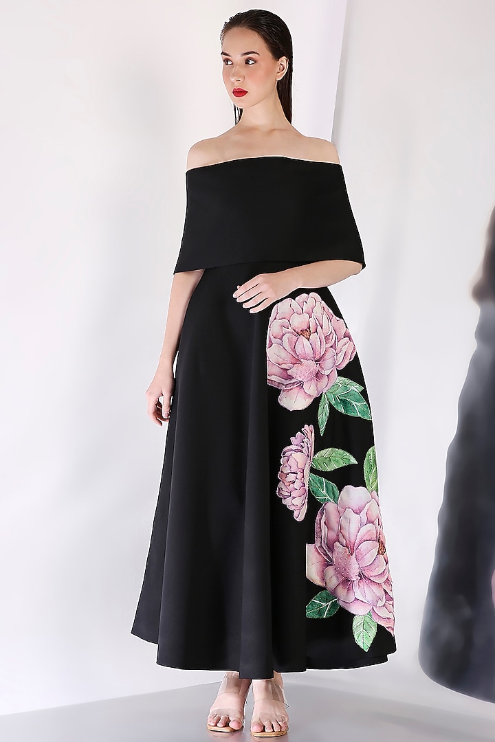 Black Neoprene Floral Embroidered Vacation Dress With Wrap by OZEQO at Pernia's Pop Up Shop