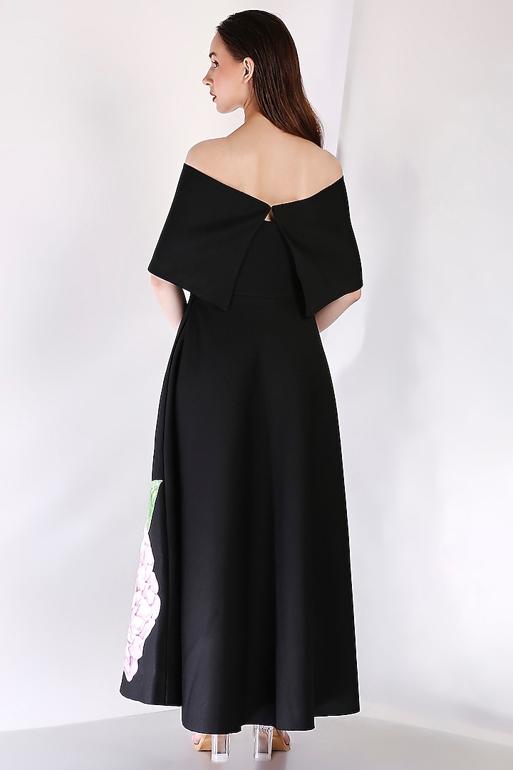 Black Neoprene Floral Embroidered Vacation Dress With Wrap by OZEQO at Pernia's Pop Up Shop