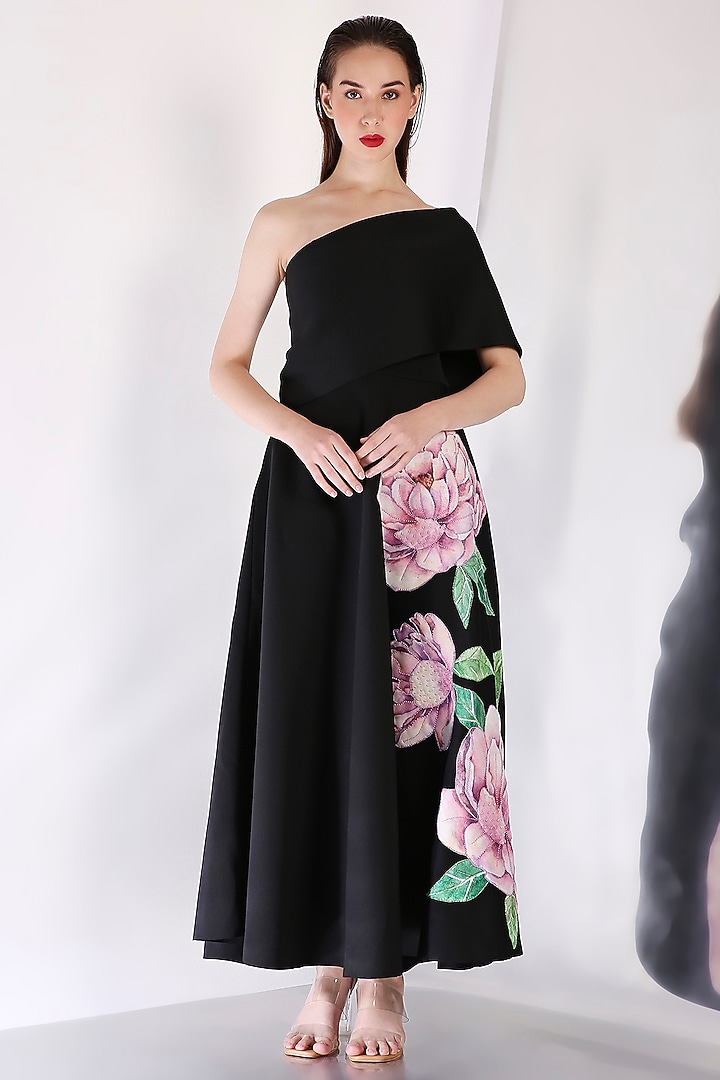Black Neoprene Floral Embroidered Vacation Dress With Wrap by OZEQO at Pernia's Pop Up Shop