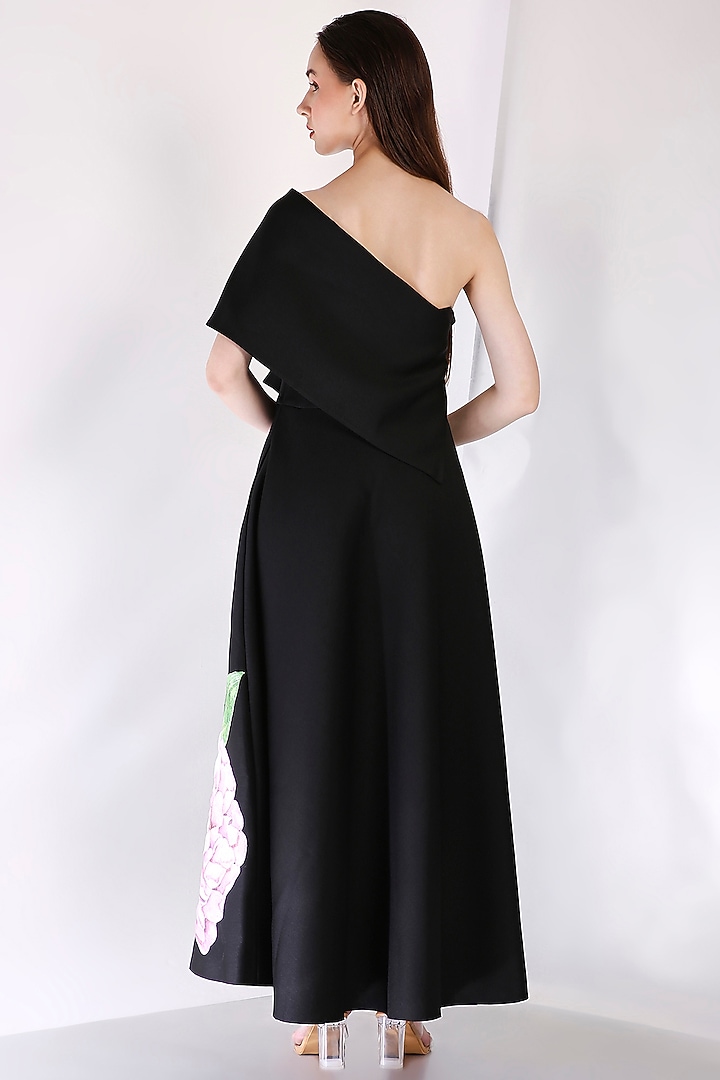 Black Neoprene Floral Embroidered Vacation Dress With Wrap by OZEQO at Pernia's Pop Up Shop