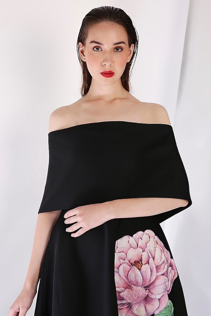 Black Neoprene Floral Embroidered Vacation Dress With Wrap by OZEQO at Pernia's Pop Up Shop