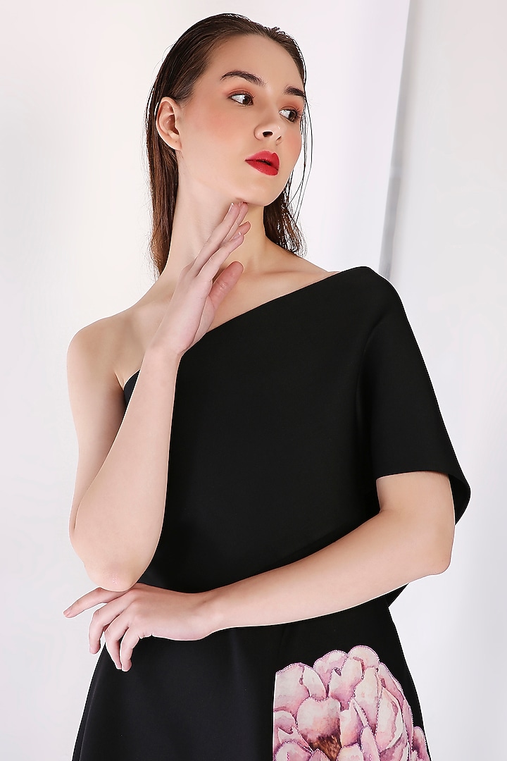 Black Neoprene Floral Embroidered Vacation Dress With Wrap by OZEQO at Pernia's Pop Up Shop