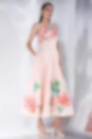 Cream Cotton Linen Floral Motif Hand Embroidered Ruched Vacation Dress With Wrap by OZEQO at Pernia's Pop Up Shop