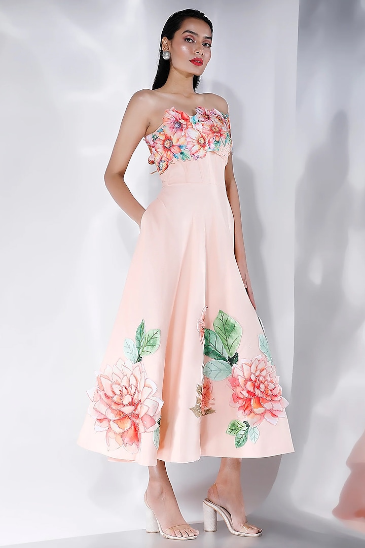 Cream Cotton Linen Floral Motif Hand Embroidered Ruched Vacation Dress With Wrap by OZEQO at Pernia's Pop Up Shop