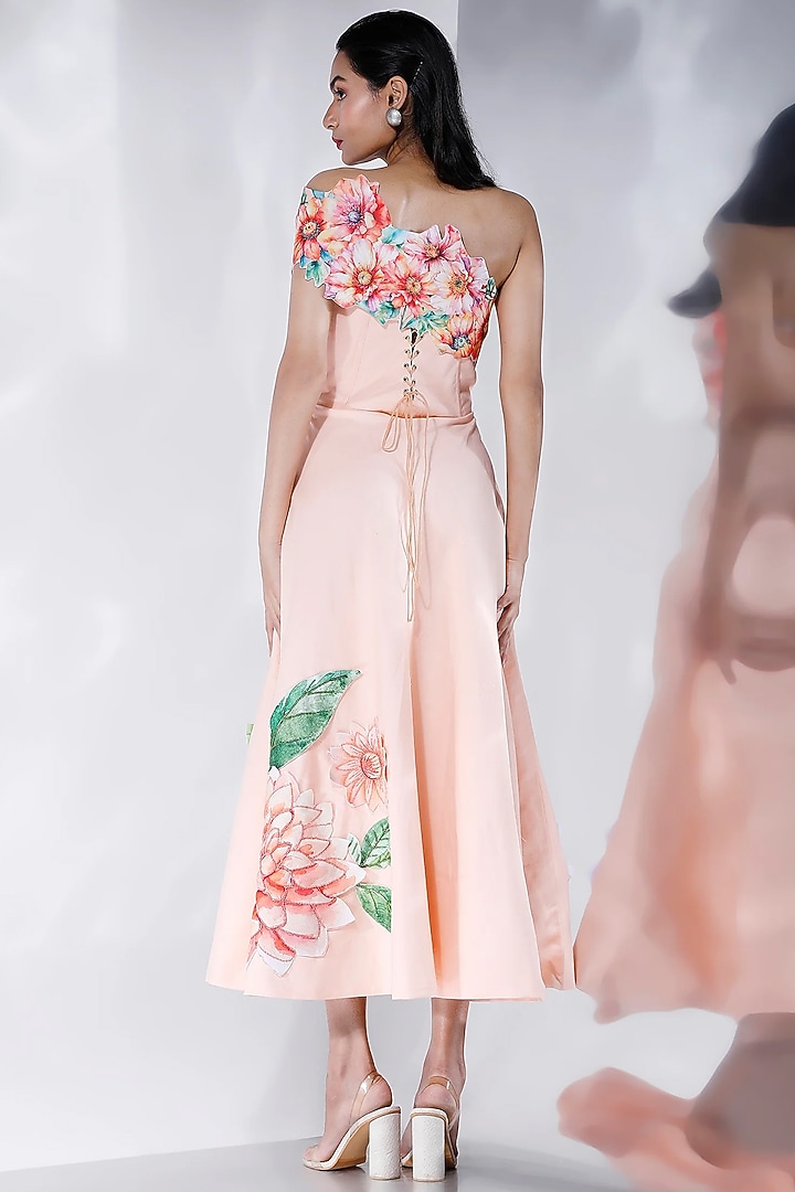 Cream Cotton Linen Floral Motif Hand Embroidered Ruched Vacation Dress With Wrap by OZEQO at Pernia's Pop Up Shop