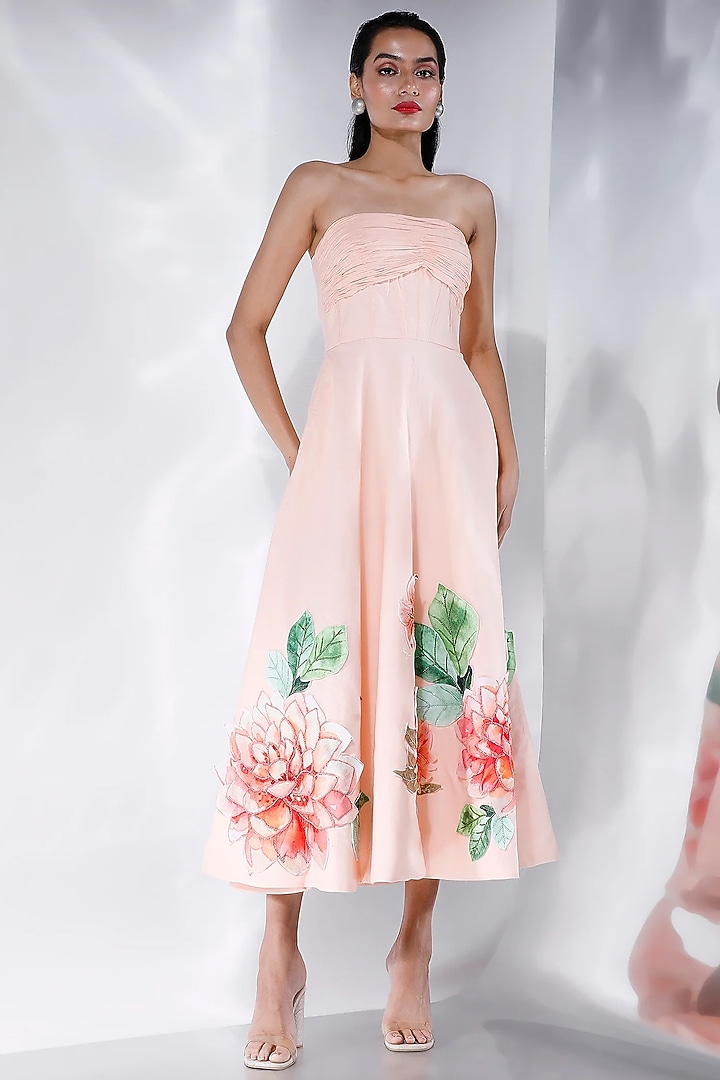 Cream Cotton Linen Floral Motif Hand Embroidered Ruched Vacation Dress With Wrap by OZEQO at Pernia's Pop Up Shop
