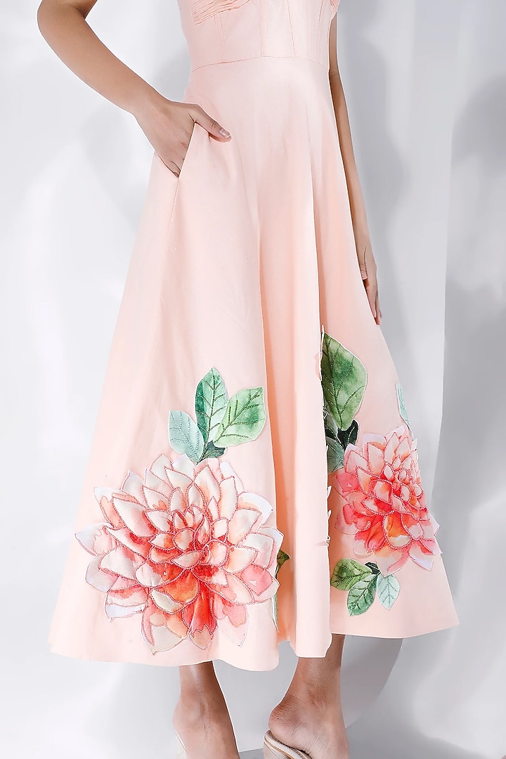 Cream Cotton Linen Floral Motif Hand Embroidered Ruched Vacation Dress With Wrap by OZEQO at Pernia's Pop Up Shop