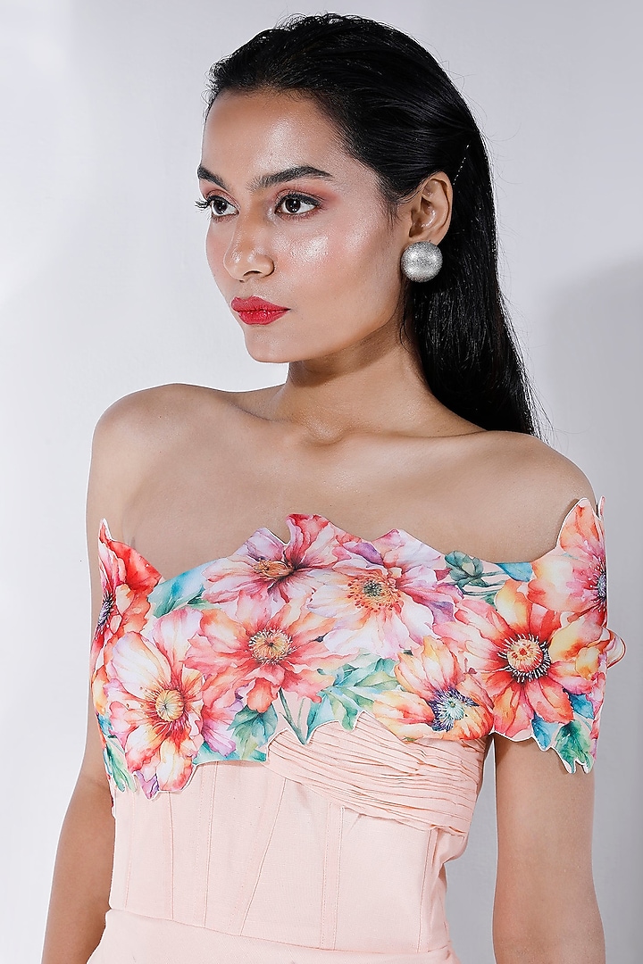 Cream Cotton Linen Floral Motif Hand Embroidered Ruched Vacation Dress With Wrap by OZEQO at Pernia's Pop Up Shop