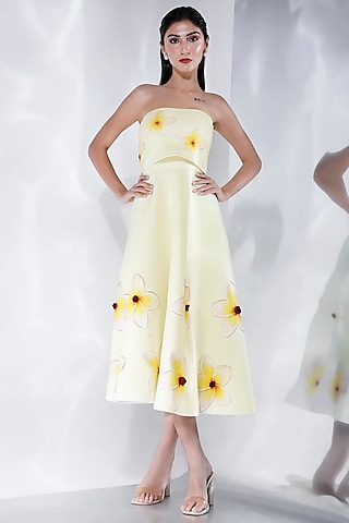 Light Yellow Neoprene Floral Printed Dress With Wrap by OZEQO