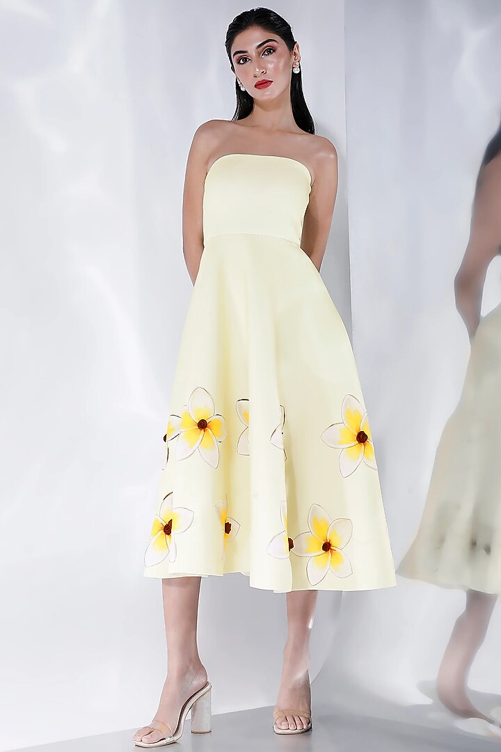 Light Yellow Neoprene Floral Printed Vacation Dress With Wrap by OZEQO at Pernia's Pop Up Shop