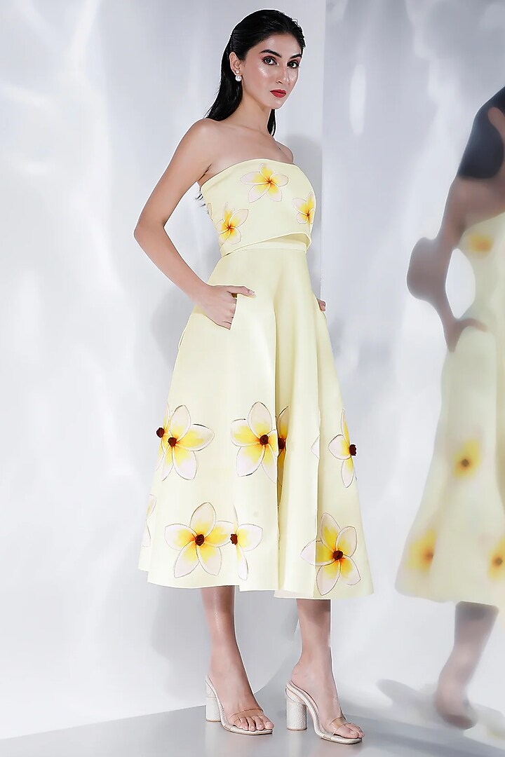 Light Yellow Neoprene Floral Printed Vacation Dress With Wrap by OZEQO at Pernia's Pop Up Shop