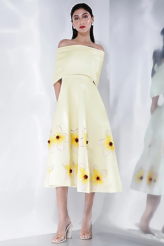 Light Yellow Neoprene Floral Printed Dress With Wrap by OZEQO