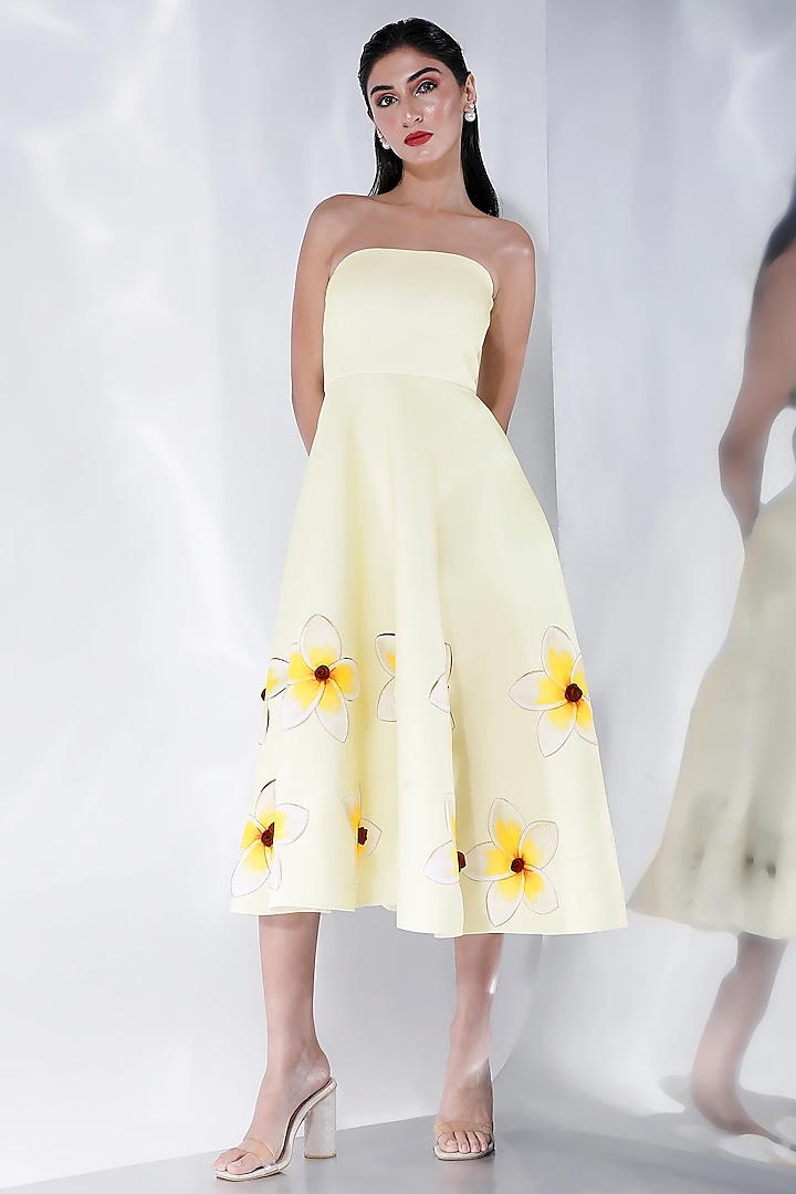 Light Yellow Neoprene Floral Printed Vacation Dress With Wrap by OZEQO at Pernia's Pop Up Shop