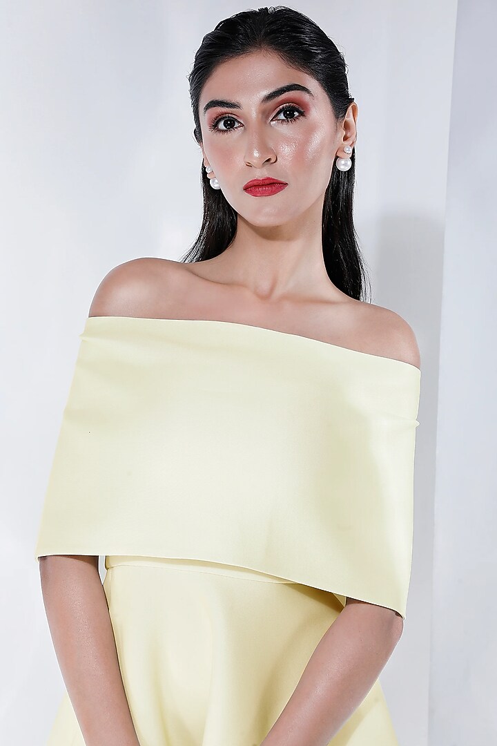 Light Yellow Neoprene Floral Printed Vacation Dress With Wrap by OZEQO at Pernia's Pop Up Shop