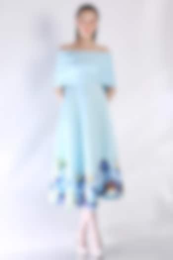 Blue Neoprene Floral Printed Vacation Dress With Wrap by OZEQO at Pernia's Pop Up Shop