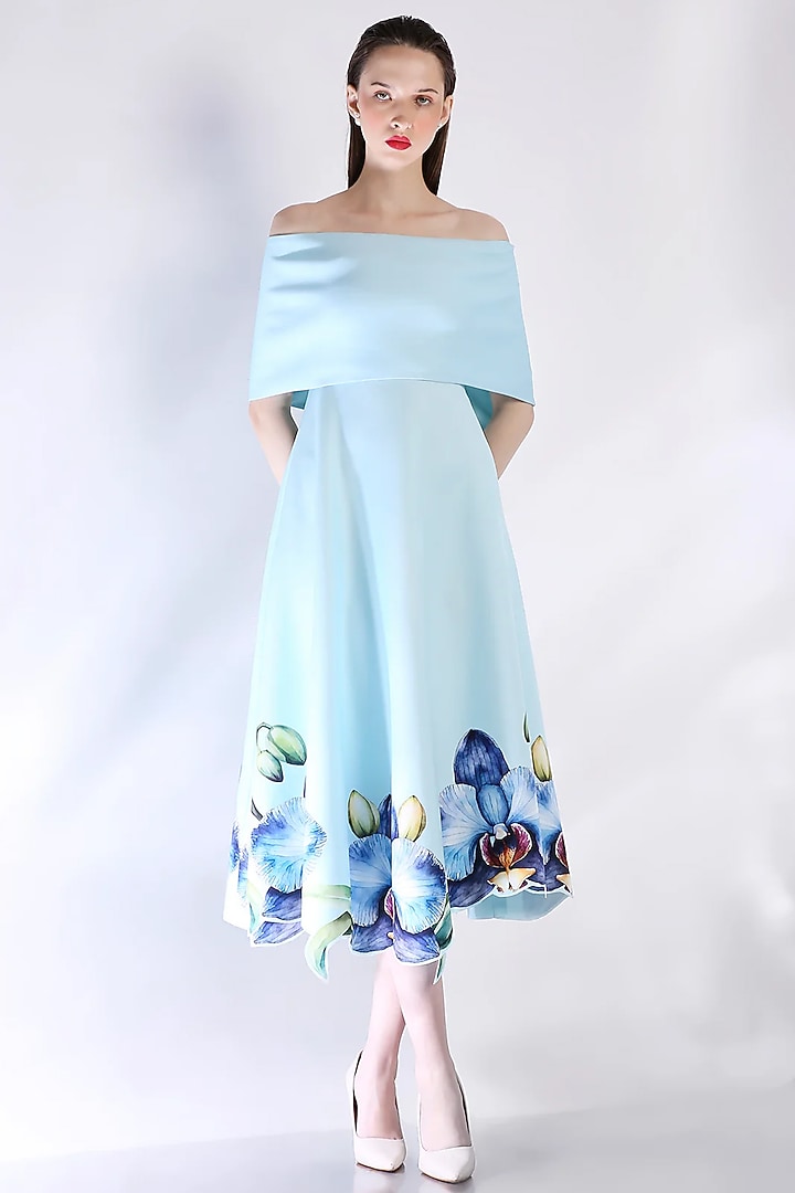 Blue Neoprene Floral Printed Vacation Dress With Wrap by OZEQO at Pernia's Pop Up Shop