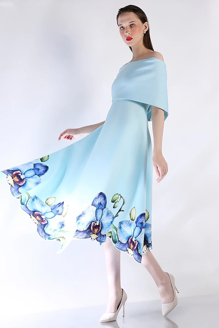 Blue Neoprene Floral Printed Vacation Dress With Wrap by OZEQO at Pernia's Pop Up Shop