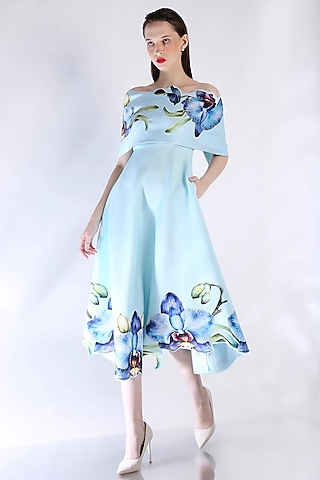 Blue Neoprene Floral Printed Dress With Wrap by OZEQO