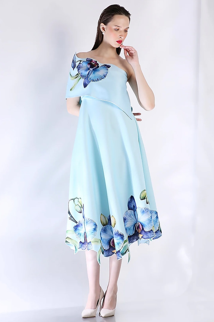 Blue Neoprene Floral Printed Vacation Dress With Wrap by OZEQO at Pernia's Pop Up Shop