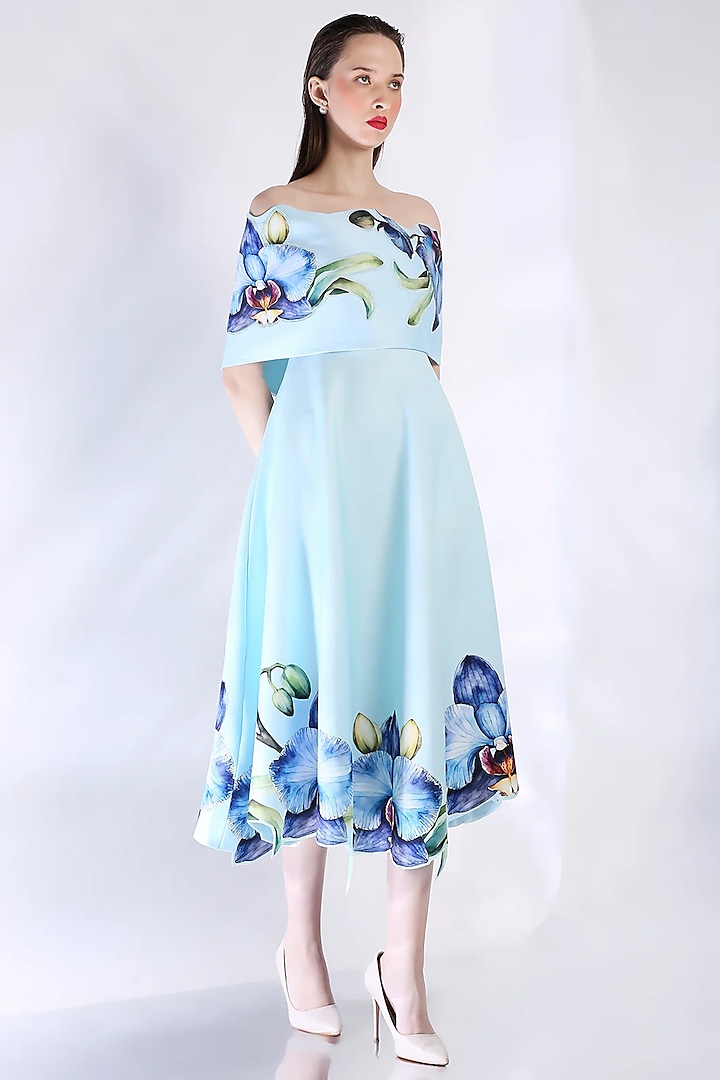 Blue Neoprene Floral Printed Vacation Dress With Wrap by OZEQO at Pernia's Pop Up Shop
