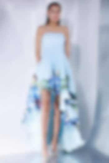 Blue Neoprene Floral Printed High-Low Vacation Dress by OZEQO at Pernia's Pop Up Shop