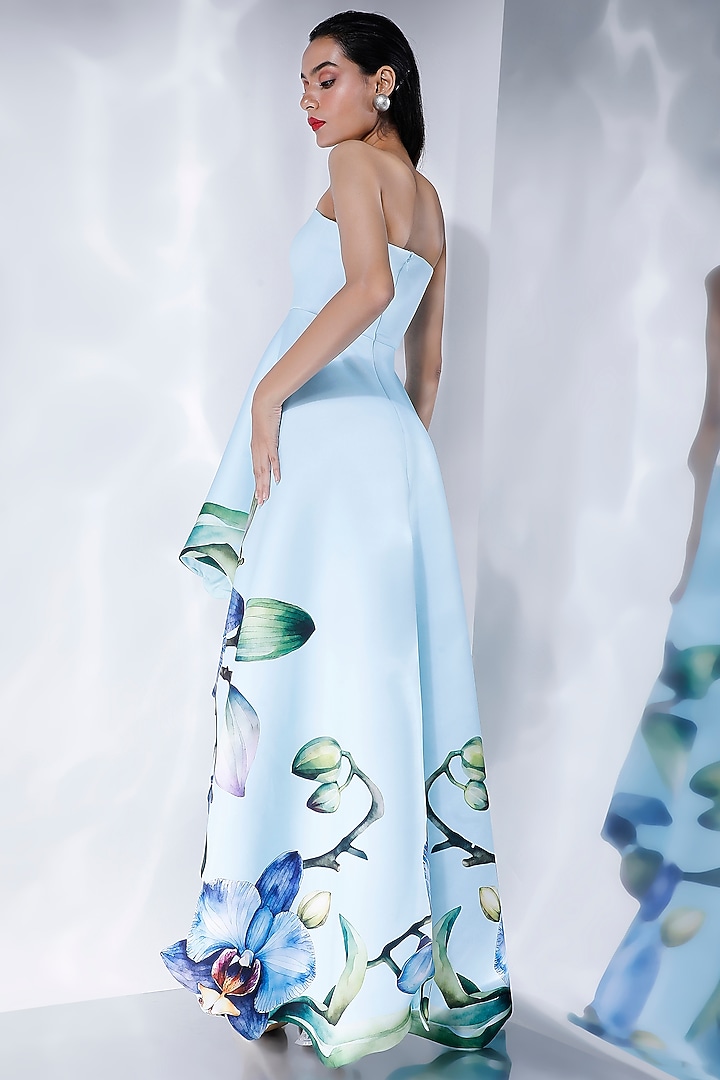 Blue Neoprene Floral Printed High-Low Vacation Dress by OZEQO at Pernia's Pop Up Shop
