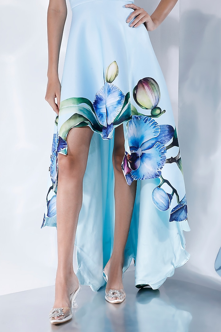 Blue Neoprene Floral Printed High-Low Vacation Dress by OZEQO at Pernia's Pop Up Shop