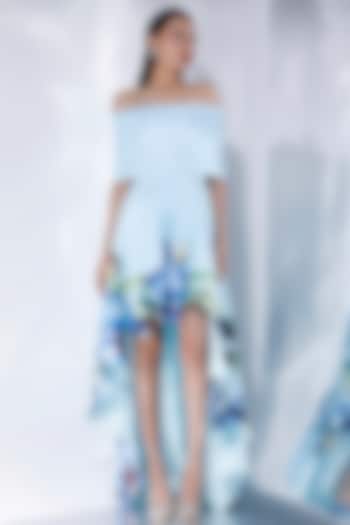 Blue Neoprene Floral Printed High-Low Vacation Dress With Wrap by OZEQO at Pernia's Pop Up Shop
