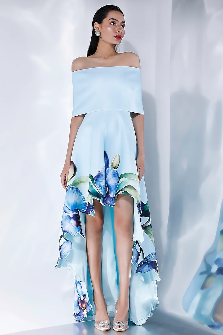 Blue Neoprene Floral Printed High-Low Vacation Dress With Wrap by OZEQO at Pernia's Pop Up Shop