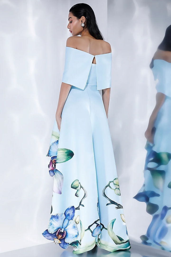 Blue Neoprene Floral Printed High-Low Vacation Dress With Wrap by OZEQO at Pernia's Pop Up Shop