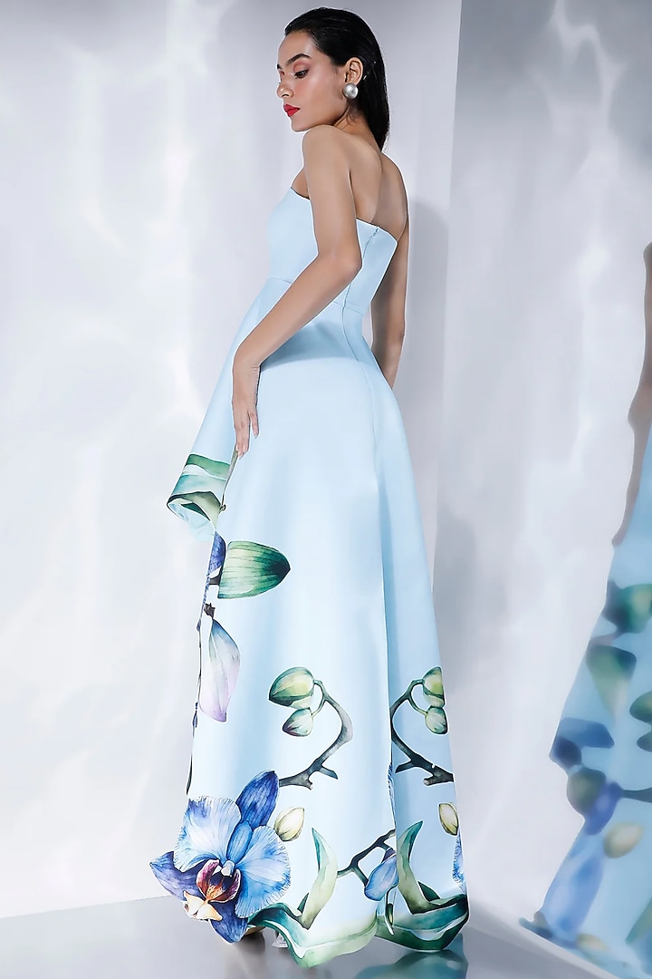 Blue Neoprene Floral Printed High-Low Vacation Dress With Wrap by OZEQO at Pernia's Pop Up Shop