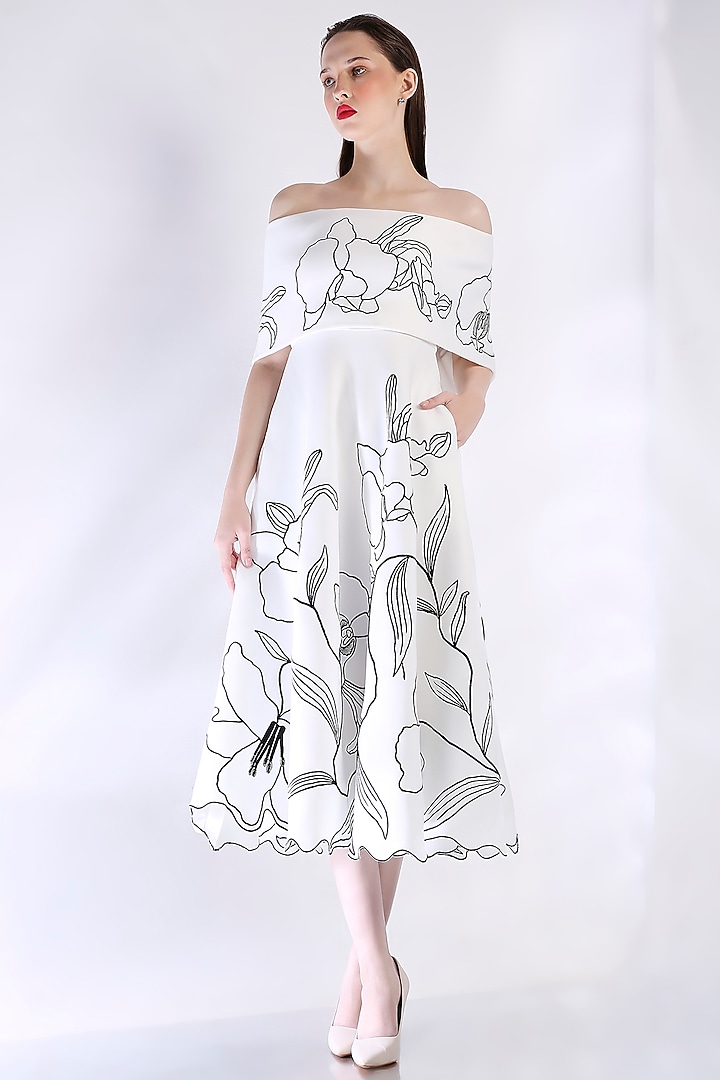 White Neoprene Floral Embroidered Cocktail Dress With Wrap by OZEQO at Pernia's Pop Up Shop