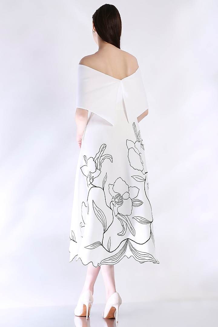 White Neoprene Floral Embroidered Cocktail Dress With Wrap by OZEQO at Pernia's Pop Up Shop