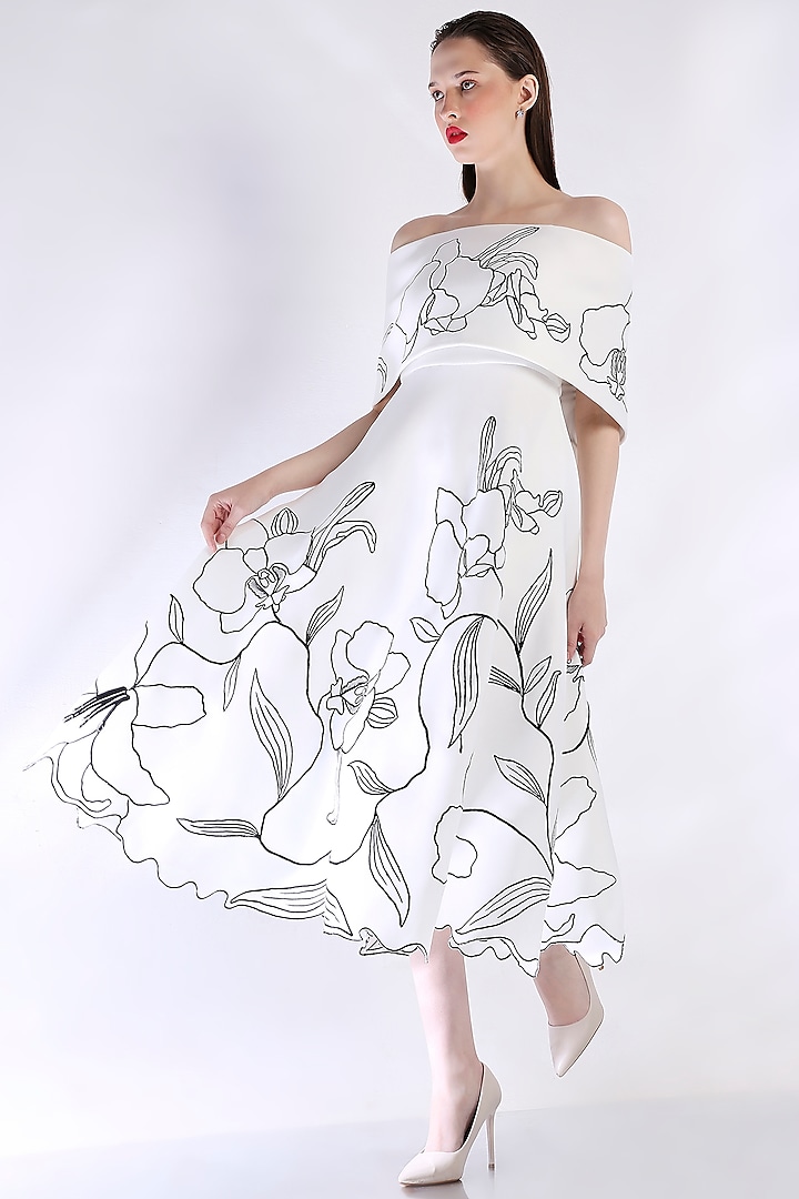 White Neoprene Floral Embroidered Cocktail Dress With Wrap by OZEQO at Pernia's Pop Up Shop