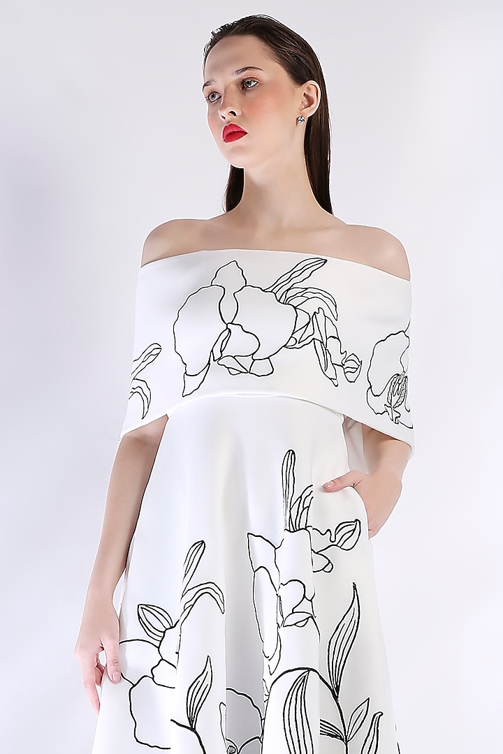 White Neoprene Floral Embroidered Cocktail Dress With Wrap by OZEQO at Pernia's Pop Up Shop
