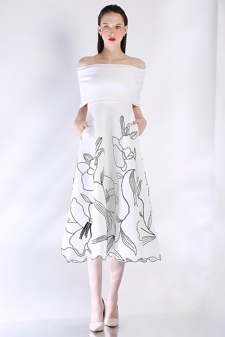 White Neoprene Floral Embroidered Vacation Dress With Wrap by OZEQO at Pernia's Pop Up Shop